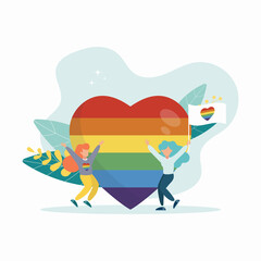 People rejoice on the background of the heart and waving the rainbow flag, pride month, LGBT community, human rights. Vector graphics flat style.
