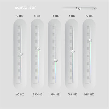 Audio Equalizer EQ. Volume control sliders. Virtual audio device VST. Vector UI neomorphis style interface.