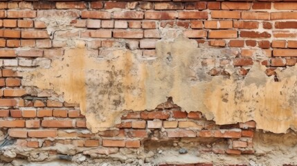 Old brick wall with chipping natural stone cladding. Vintage brickwork texture. Grunge background with space for design. Rough dirty distressed surface. Broken facade of the building. Generative AI. 