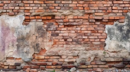 Old brick wall with chipping natural stone cladding. Vintage brickwork texture. Grunge background with space for design. Rough dirty distressed surface. Broken facade of the building. Generative AI. 