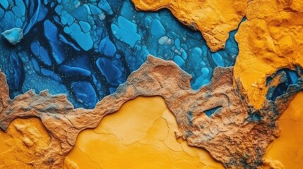 Fototapeta premium Yellow orange blue abstract grunge background. Toned rock surface texture. Close-up. Colorful stone background for design. Generative AI.