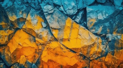 Yellow orange blue abstract grunge background. Toned rock surface texture. Close-up. Colorful stone background for design. Generative AI.