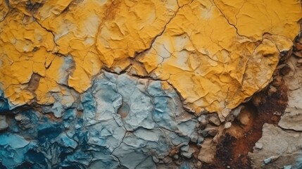 Yellow orange blue abstract grunge background. Toned rock surface texture. Close-up. Colorful stone background for design. Generative AI.