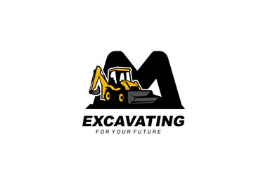 M logo excavator backhoe for construction company. Heavy equipment template vector illustration for your brand.