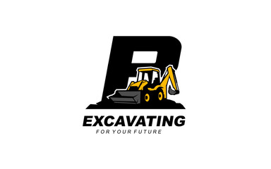 P logo excavator backhoe for construction company. Heavy equipment template vector illustration for your brand.