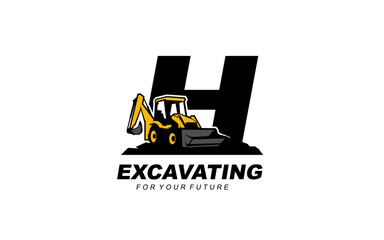 H logo excavator backhoe for construction company. Heavy equipment template vector illustration for your brand.