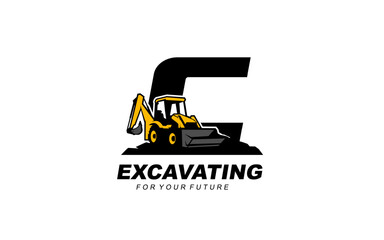 C logo excavator backhoe for construction company. Heavy equipment template vector illustration for your brand.