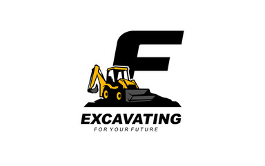 F logo excavator backhoe for construction company. Heavy equipment template vector illustration for your brand.