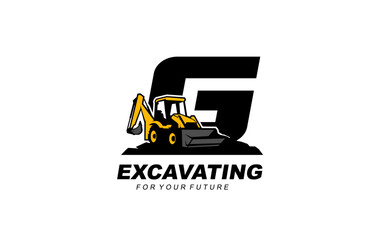 G logo excavator backhoe for construction company. Heavy equipment template vector illustration for your brand.