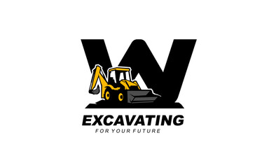 W logo excavator backhoe for construction company. Heavy equipment template vector illustration for your brand.
