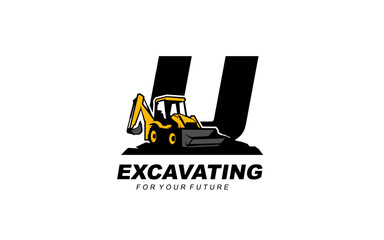 U logo excavator backhoe for construction company. Heavy equipment template vector illustration for your brand.