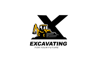 X logo excavator backhoe for construction company. Heavy equipment template vector illustration for your brand.