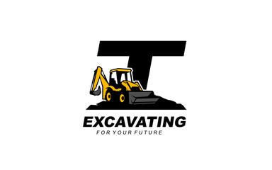 T logo excavator backhoe for construction company. Heavy equipment template vector illustration for your brand.