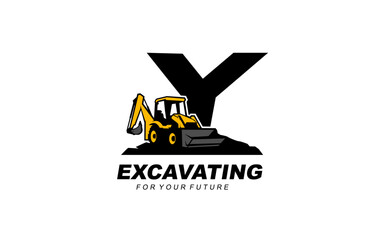 Y logo excavator backhoe for construction company. Heavy equipment template vector illustration for your brand.