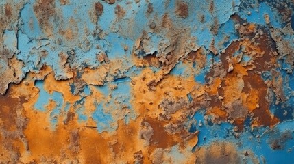 Fototapeta premium Rusty metal plate background. Orange blue abstract grunge texture background. Old rusty painted wall surface. Generative AI.