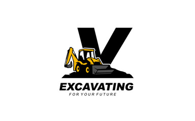 V logo excavator backhoe for construction company. Heavy equipment template vector illustration for your brand.