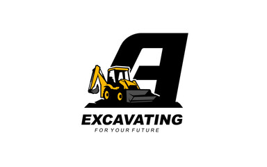 A LETTER logo excavator backhoe for construction company. Heavy equipment template vector illustration for your brand.