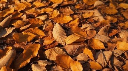 Fallen leaves texture background. Yellow brown orange dry leaves on the ground. Autumn leaves in the forest on a sunny day. Generative AI.
