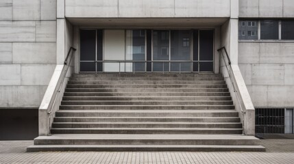Entrance to the office building. Concrete building background with stairs, steps and pillar. Nobody. Gray concrete urban grunge background. Generative AI.
