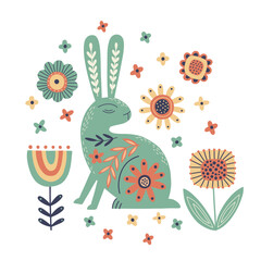 Illustration with scandi hare and flowers. Folk art sitting rabbit in scandinavian style. Good for posters, t shirts, postcards.