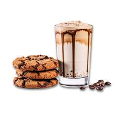 glass of delicious iced coffee with 3 chocolate cookies and coffee beans