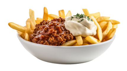 Bolognese sauce with french fries and mayonnaise 