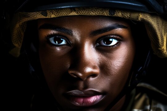 Young black woman wearing military uniform including camouflage fatigues and a helmet. She is ready for war to protect and serve her country, Generative AI Technology