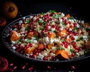 vegetarian couscous salad with roasted sweet potatoes, pomegranate seeds, feta cheese, and lemon-tahini dressing