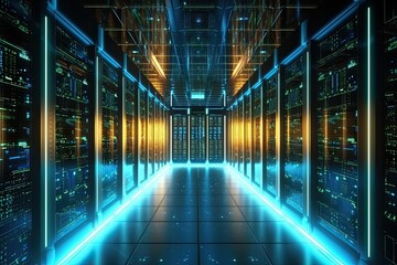 Super computer and quantum server rack in Data center control room. Generetive AI