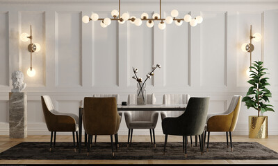 Modern dining room interior minimalist style photo with wood frames on the wall in white color - 3D rendering