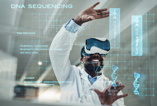 Black man, doctor and VR for future DNA, experiment or dashboard in medical research at hospital. Happy African male healthcare professional smiling for virtual reality or laboratory technology