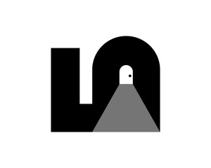 anagram monogram of initial letter L A 5 with perspective view of an arch door at the distance as negative space