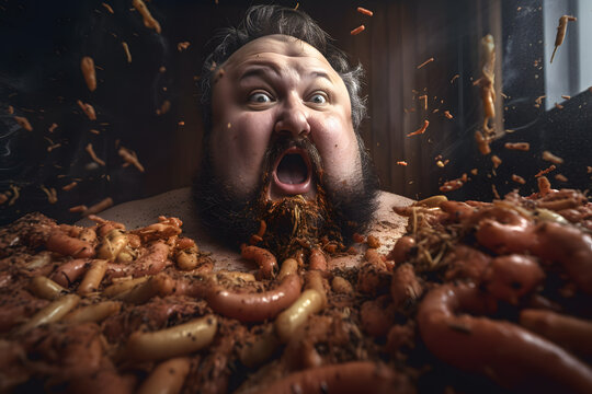 Fat obnoxious man with open dirty mouth in a restaurant surrounded by greasy verd food sausages, sausages, high cholesterol. Generative AI