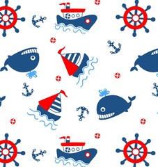 Boats sailing in the water colorful hand-drawn  seamless abstract anchor art background beach blue boat cartoon cruise cute decoration design doodle drawing fabric graphic hand illus  abstract, anchor