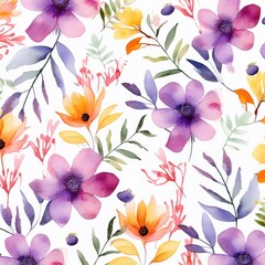 Watercolor flowers in blue and orange on a white background. Floral square pattern. Generative ai