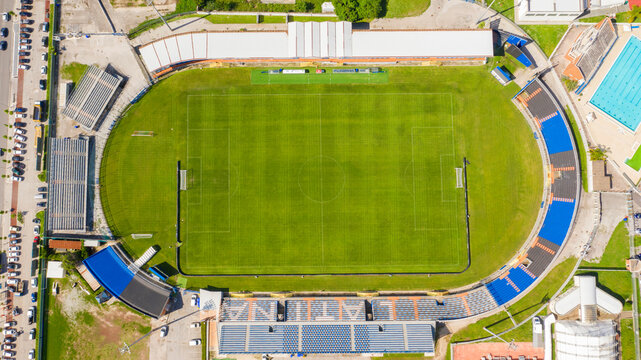 Latina, Italy - May, 2023: Aerial view of Domenico Francioni stadium, a football facility located in the Lazio city. This sports field hosts the internal matches of the Latina Football Club.