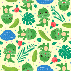 Cute crocodile seamless pattern. Kawaii crocodile face chibi style. Cartoon safari animal head. Palm leaves. Tropical flowers. Summer repeat design for children fashion print, textile fabric, paper.