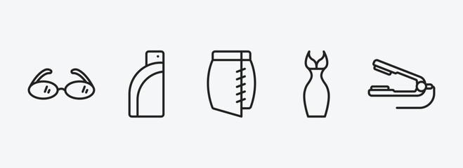 woman clothing outline icons set. woman clothing icons such as reading eyeglasses, pocket, skirt black short, feminine fashion, hair iron vector. can be used web and mobile.