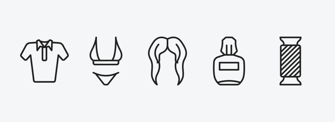 woman clothing outline icons set. woman clothing icons such as polo shirt for women, string bikini, hair wig, parfum, thread spool vector. can be used web and mobile.