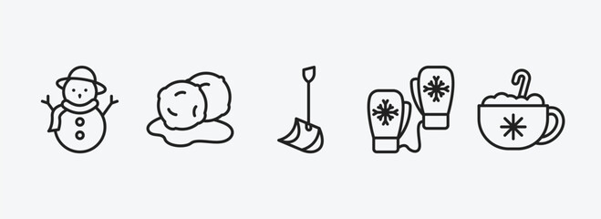 winter outline icons set. winter icons such as snowman, snow ball, winter shovel, mittens, hot drink vector. can be used web and mobile.