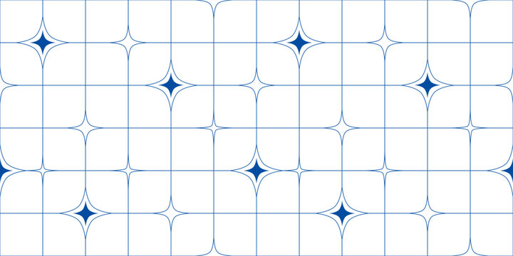 Abstract Minimalist Seamless Pattern in Memphis Aesthetic. Vector Texture with Blue Sparkle Star Shapes and Lines Isolated on White Background