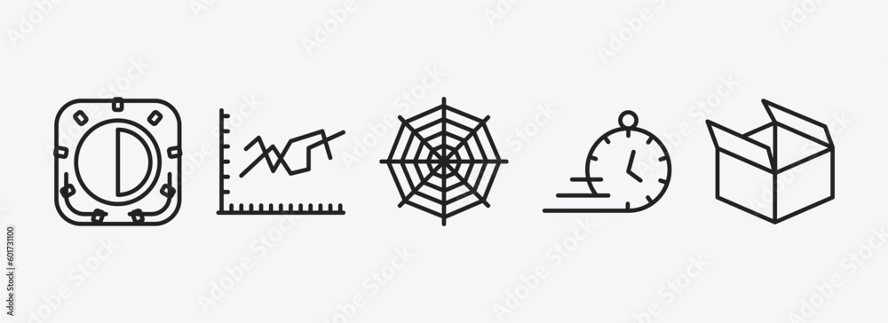 Poster user interface outline icons set. user interface icons such as birghtness, dual stream chart, spider