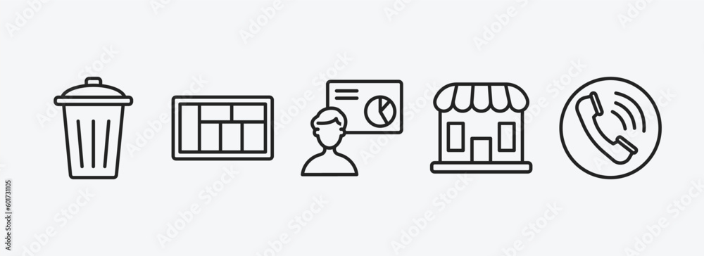Poster user interface outline icons set. user interface icons such as eliminar, layout, person explaining d
