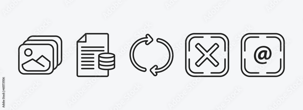 Poster user interface outline icons set. user interface icons such as gallery, data analytics content, relo