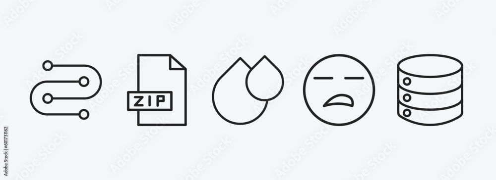 Poster user interface outline icons set. user interface icons such as wiring, zip file, big and small drops