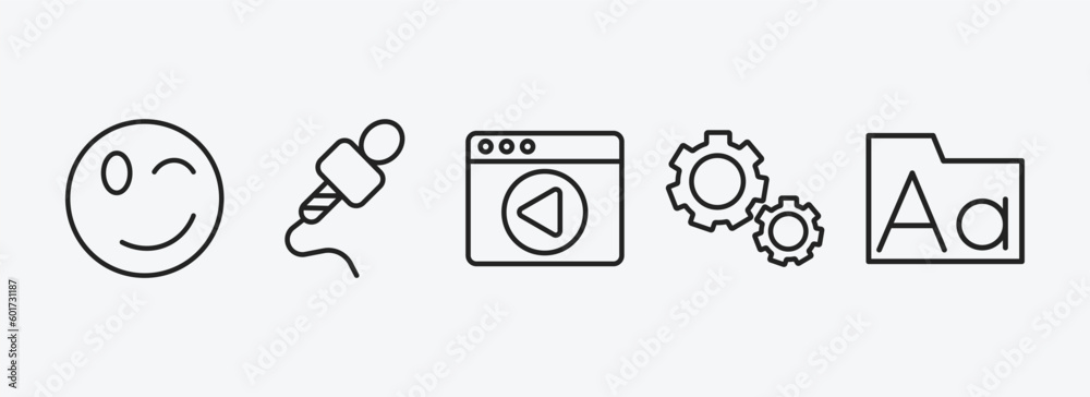 Poster user interface outline icons set. user interface icons such as wink smile, mic interface, video in b