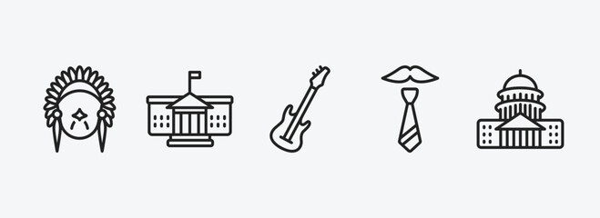 united states of america outline icons set. united states of america icons such as american native, white house, electric guitar, father's day, capitol vector. can be used web and mobile.