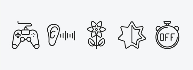 ultimate glyphicons outline icons set. ultimate glyphicons icons such as game controller cross, ear with sound bar, flower with leaves, empty star, timer off vector. can be used web and mobile.