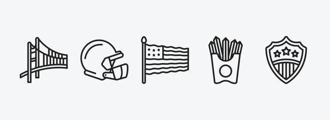 united states of america outline icons set. united states of america icons such as golden state, rugby helmet, flag day, french fries, usa shield vector. can be used web and mobile.