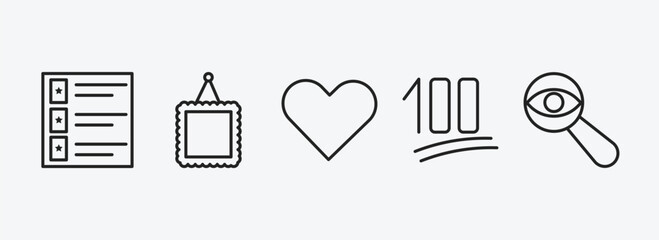 user interface outline icons set. user interface icons such as film list, image with frame, hearth, one hundred, detective search vector. can be used web and mobile.